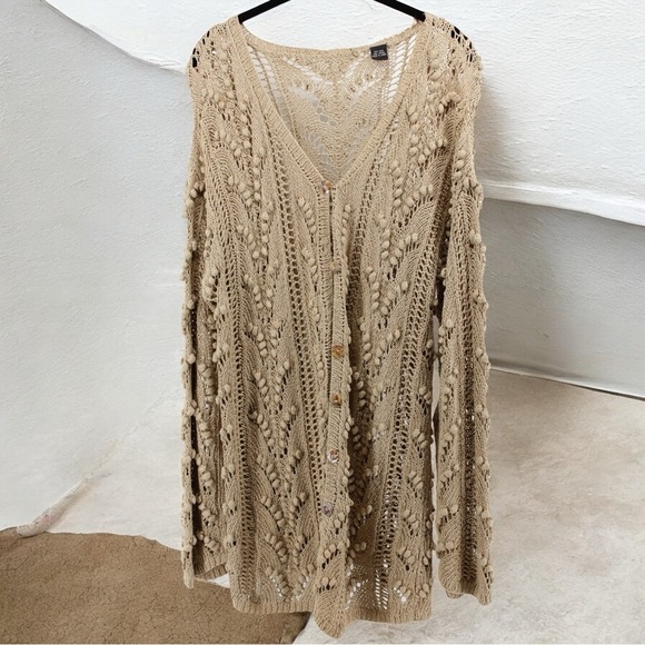 Unbranded Tan Knot Silk Blend Crochet Knit Coastal Cardigan Beach Coverup Size M - Picture 1 of 9